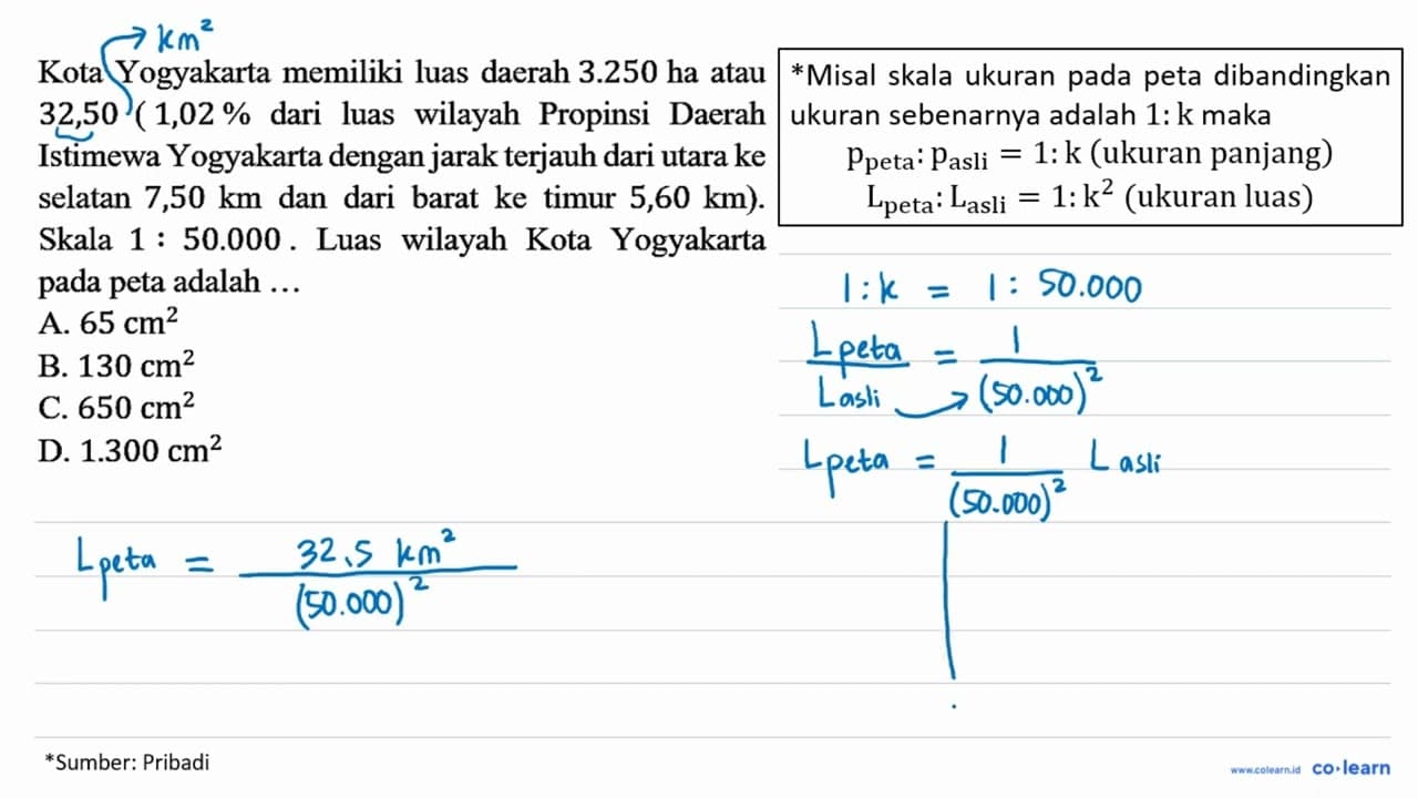 Kota Yogyakarta memiliki luas daerah 3.250 ha atau 32,50