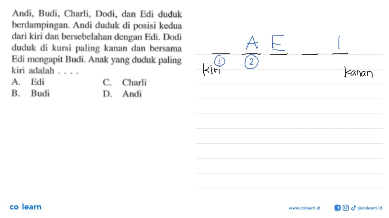 Andi, Budi, Charli, Dodi, dan Edi duduk berdampingan: Andi