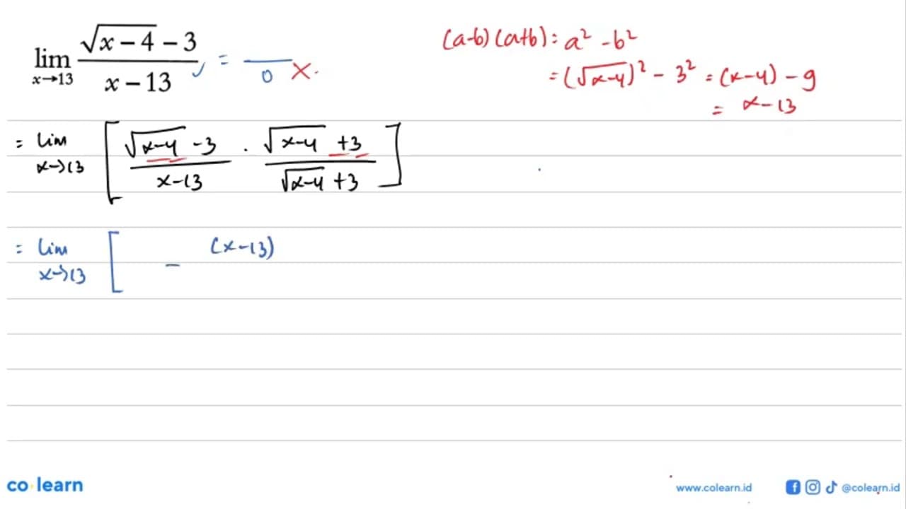 lim x -> 13 (akar(x-4-3)/(x-13)