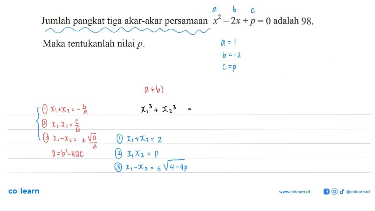 Jumlah pangkat tiga akar-akar persamaan x^2 - 2x + p = 0