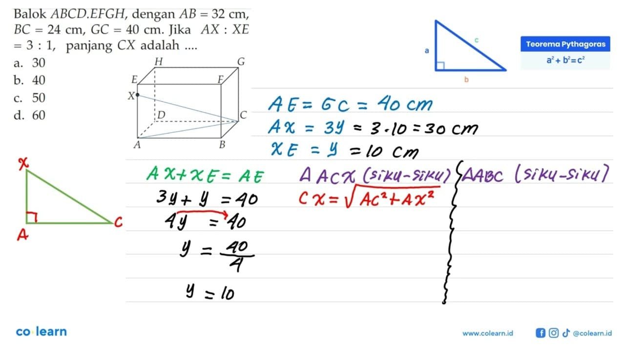 Balok ABCD.EFGH, dengan AB=32 cm, BC=24 cm, GC=40 cm. Jika