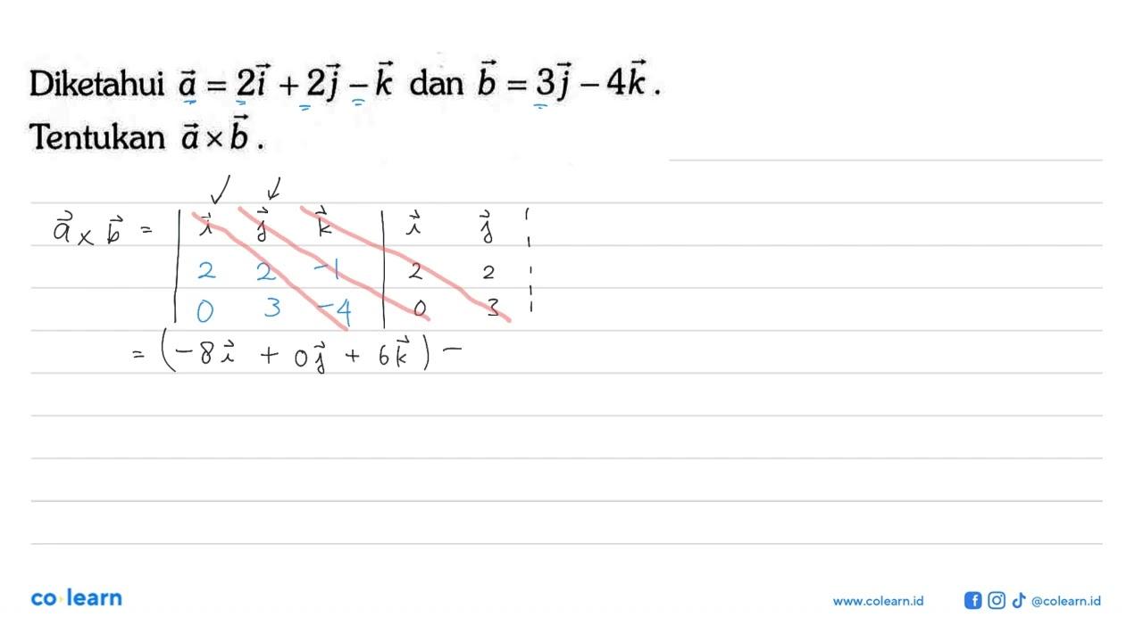 Diketahui a=2 i+2 j-k dan b=3 j-4 k . Tentukan a x b .