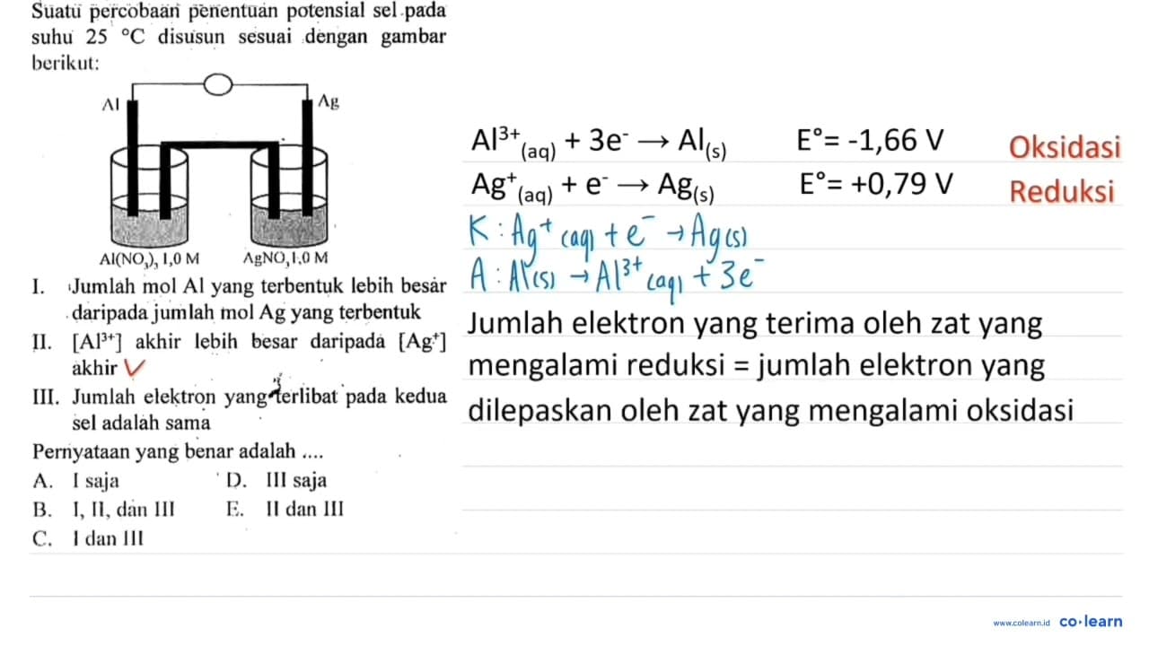 Suatu percobaan penentuan potensial sel pada suhu 25 C