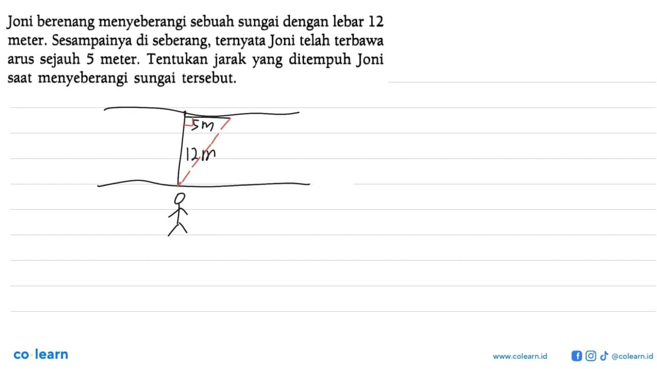 Joni berenang menyeberangi sebuah sungai dengan lebar 12