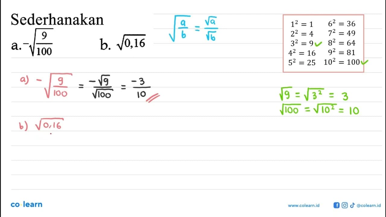 Sederhanakan a. -akar(9/100) b. akar(0,16)