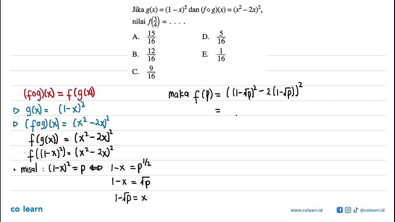 Jika g(x)=(1-x)^2 dan (fog)(x)=(x^2-2x)^2, nilai