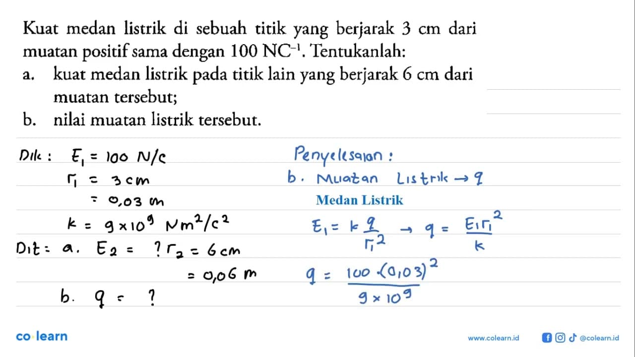 Kuat medan listrik di sebuah titik berjarak 3 cm dari