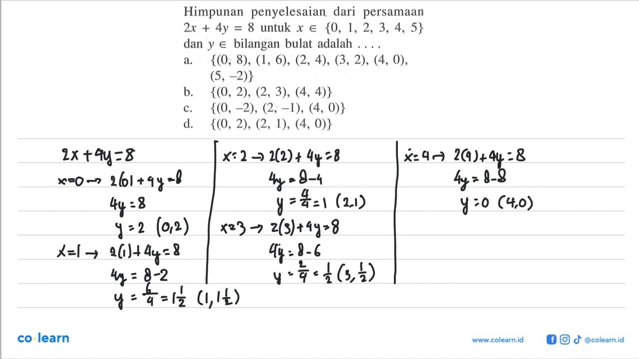 Himpunan penyelesaian dari persamaan 2x + 4y = 8 untuk x e