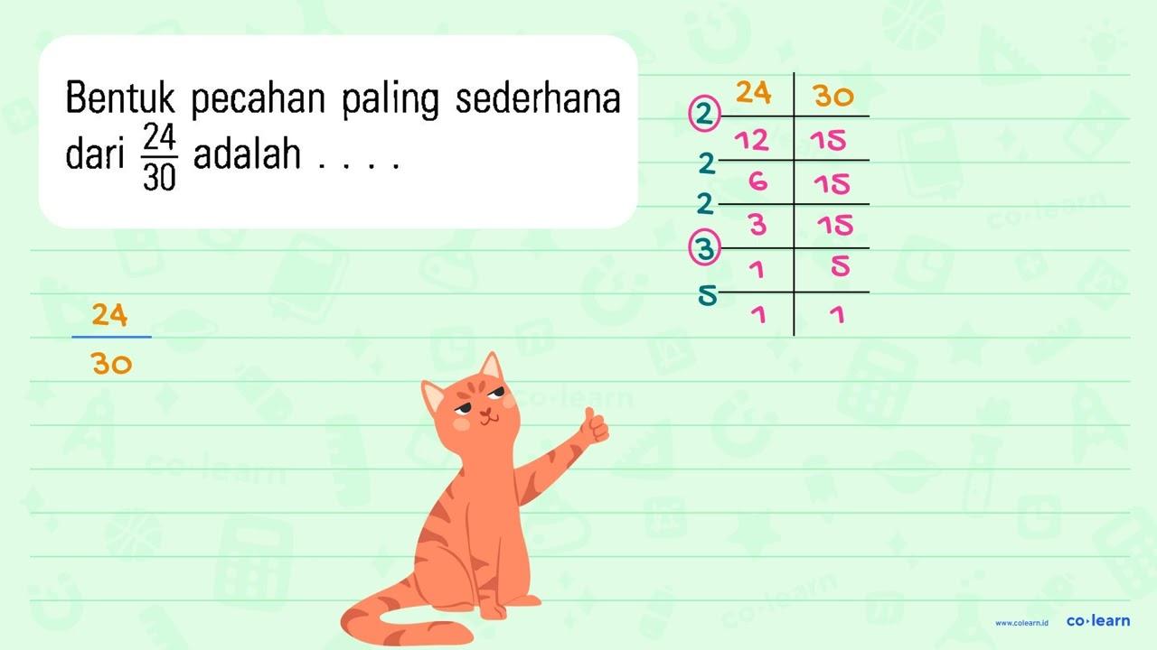 Bentuk pecahan paling sederhana dari 24/30 adalah