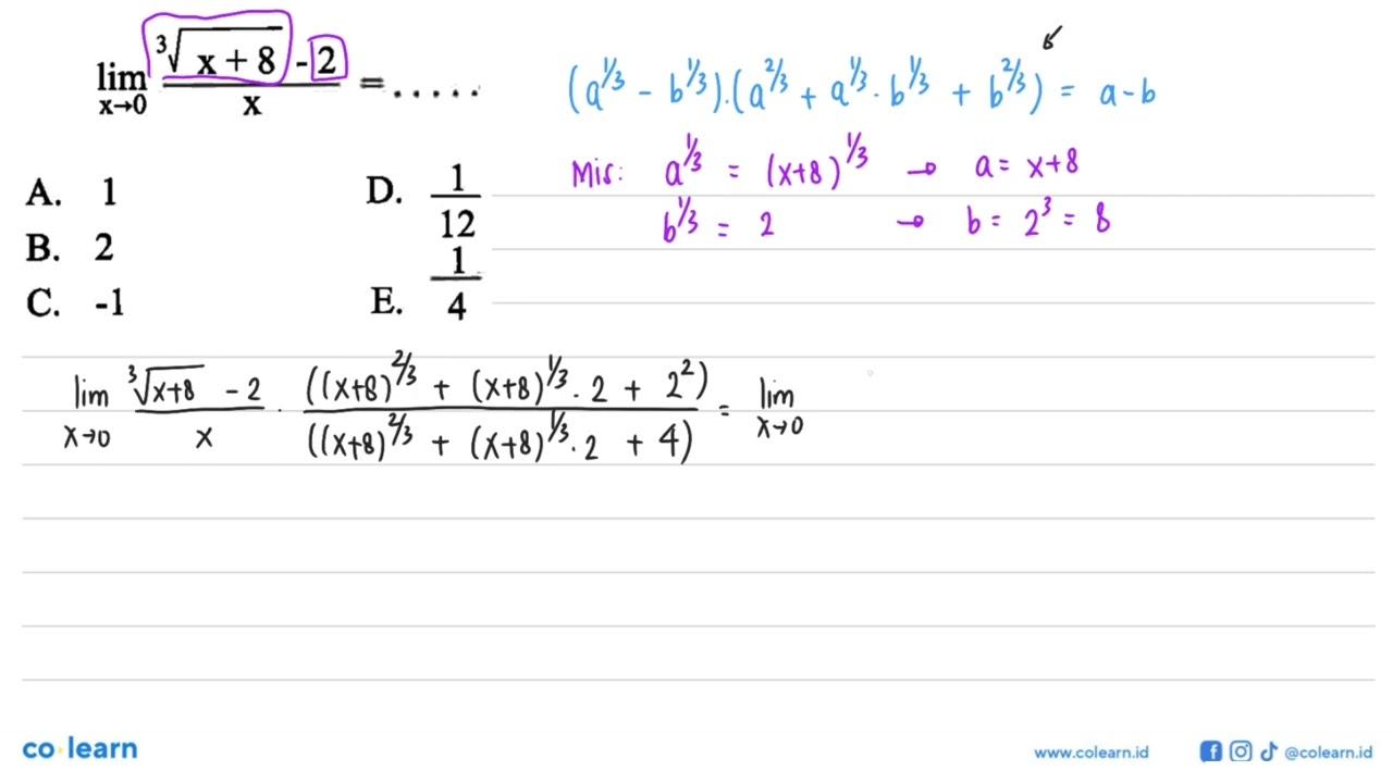 lim x->0 {((x+8)^(1/3)-2)/(x)}=...