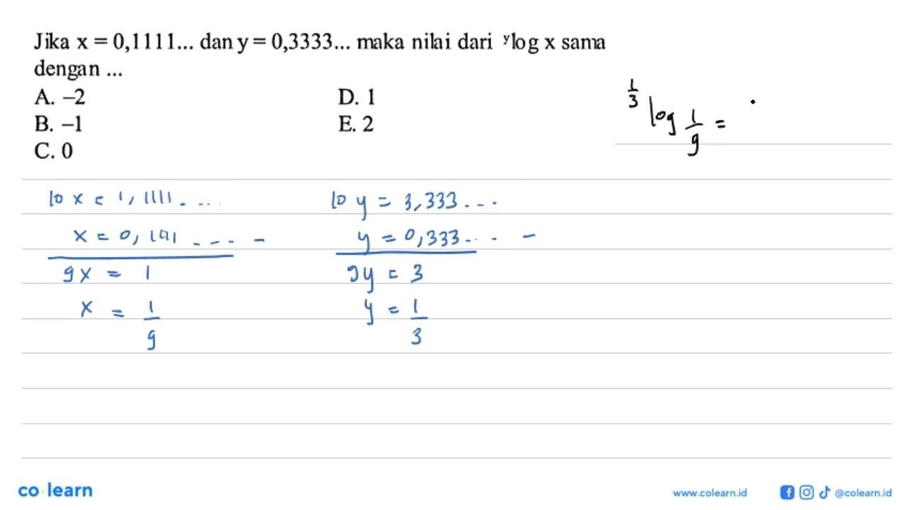 Jika x=0,1111 ... dan y=0,3333 ... maka nilai dari ylogx