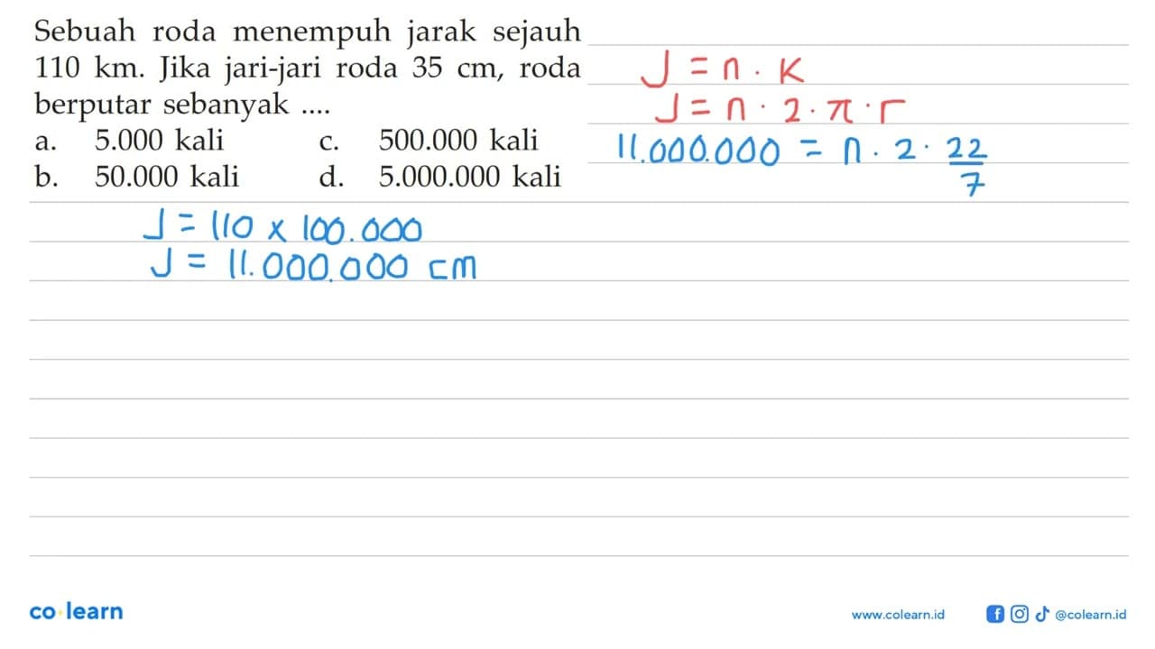 Sebuah roda menempuh jarak sejauh 110 km. Jika jari-jari