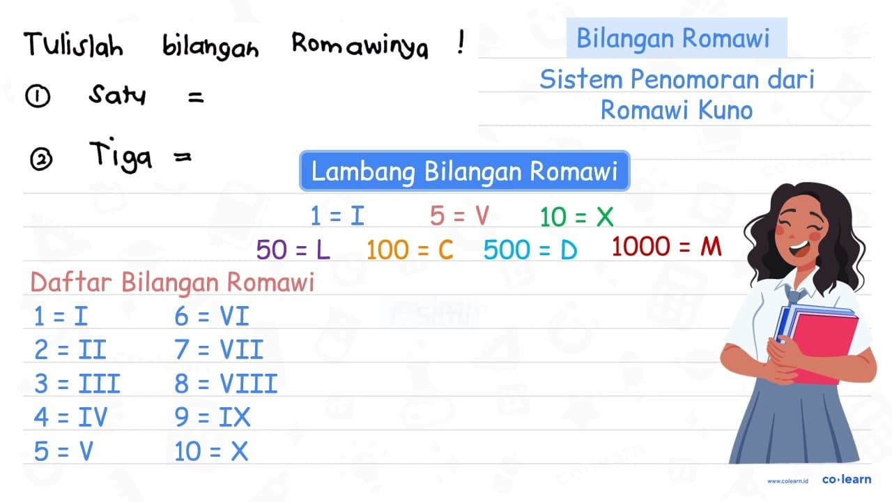 Tulislah bilangan romawinya! a. Satu=... b. Tiga =...