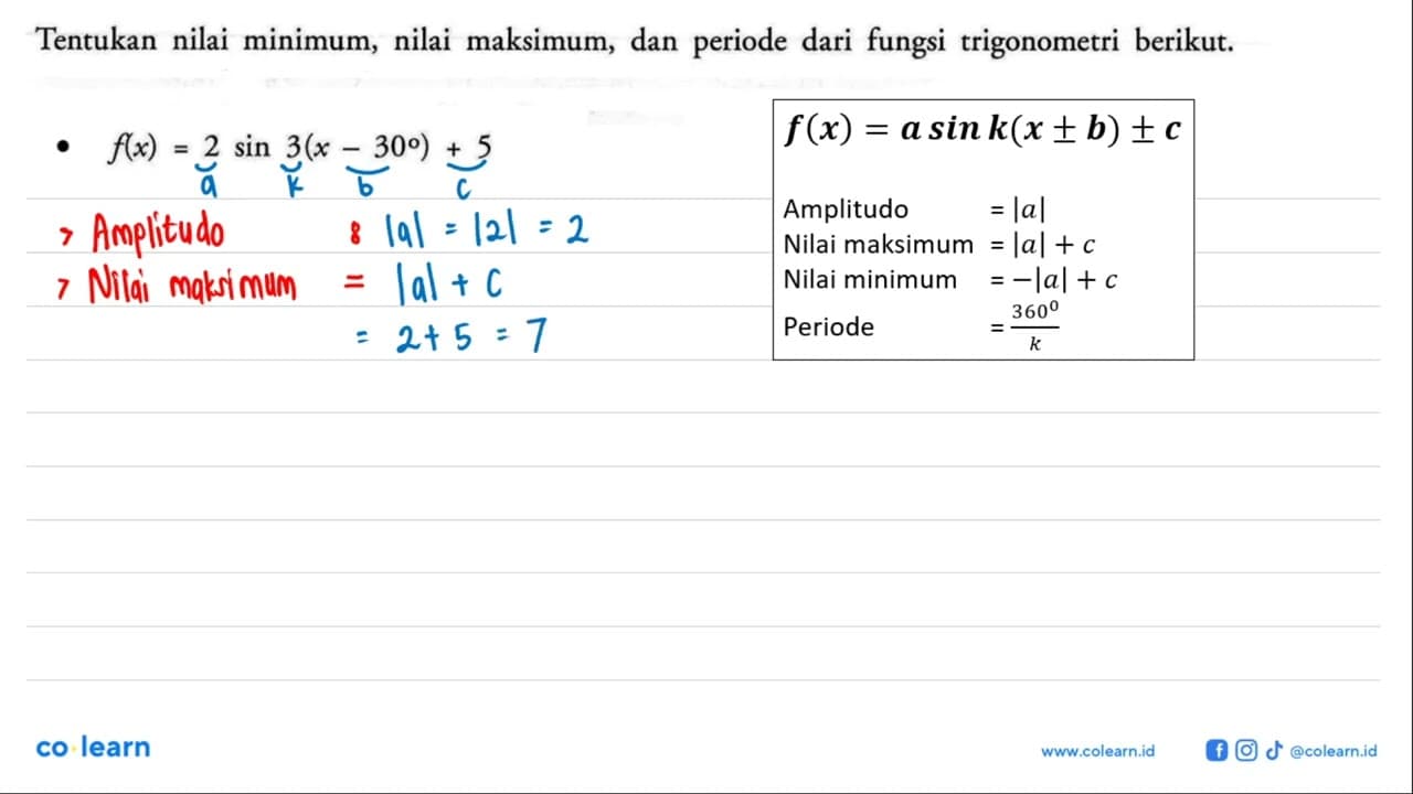 Tentukan nilai minimum, nilai maksimum, dan periode dari