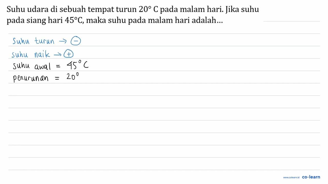 Suhu udara di sebuah tempat turun 20 C pada malam hari.