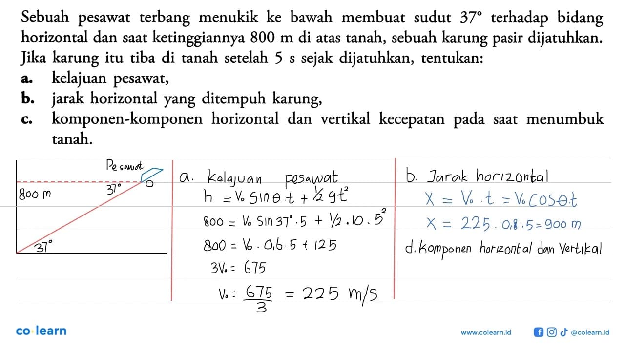 Sebuah pesawat terbang menukik ke bawah membuat sudut 37