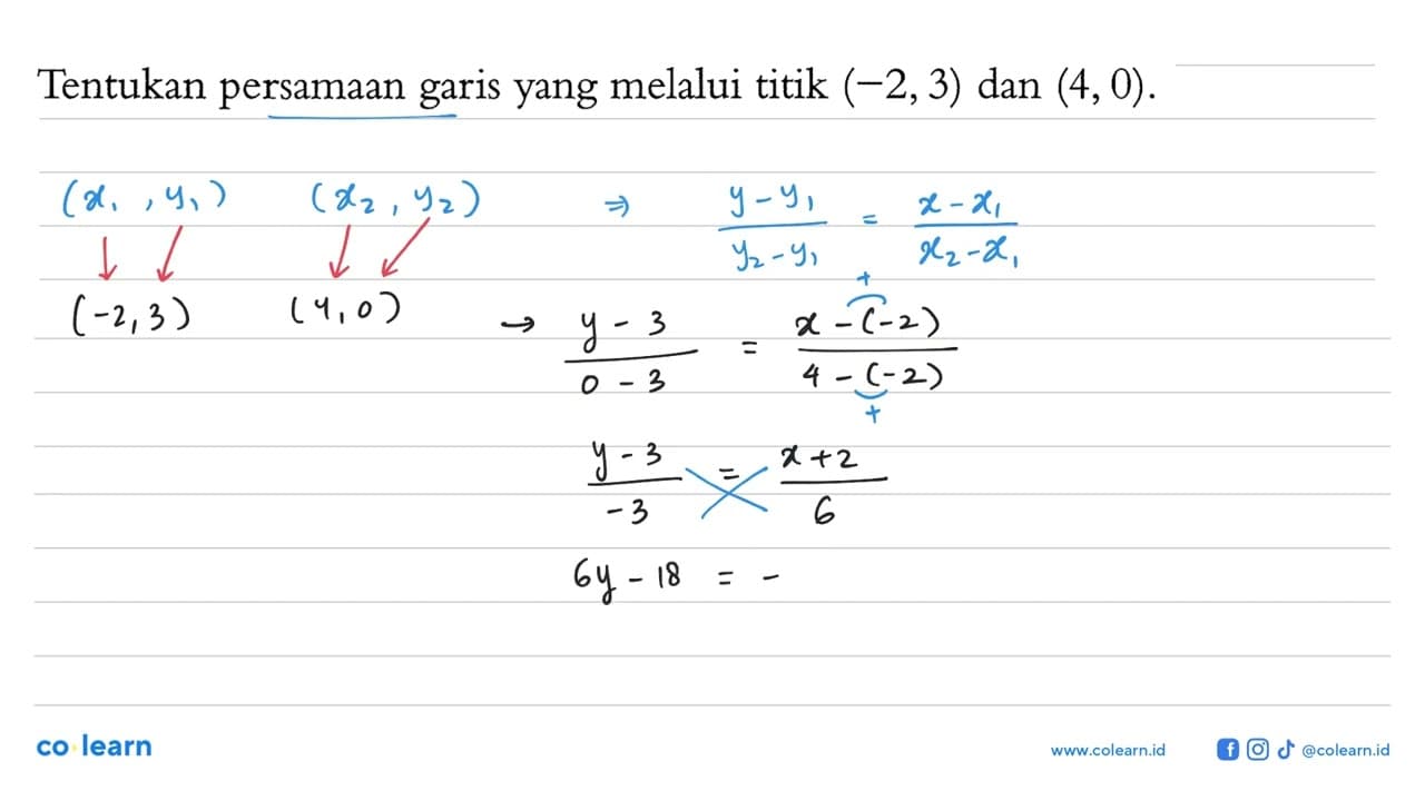 Tentukan persamaan garis yang melalui titik (-2, 3) dan (4,