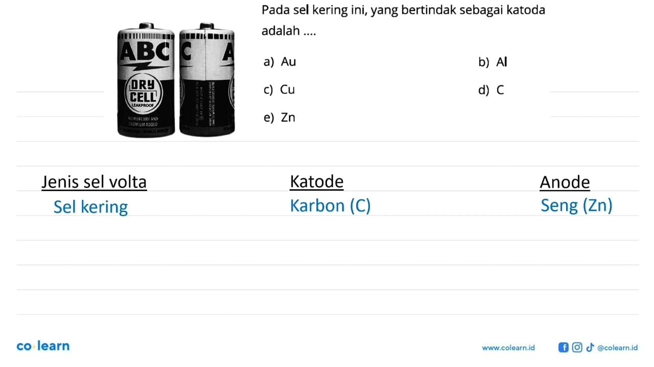 Pada sel kering ini, yang bertindak sebagai katoda adalah