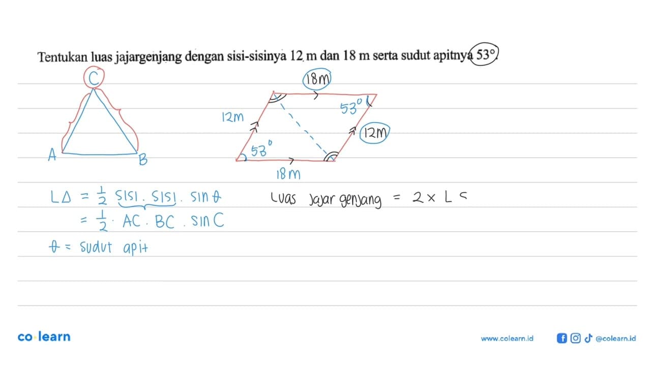 Tentukan luas jajargenjang dengan sisi-sisinya 12 m dan 18