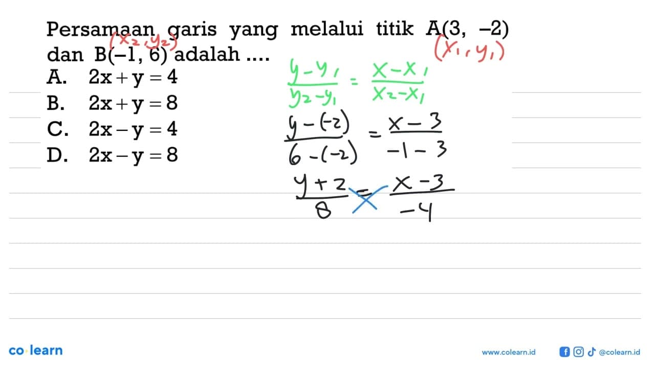 Persamaan garis yang melalui titik A(3, -2) dan B(-1, 6)