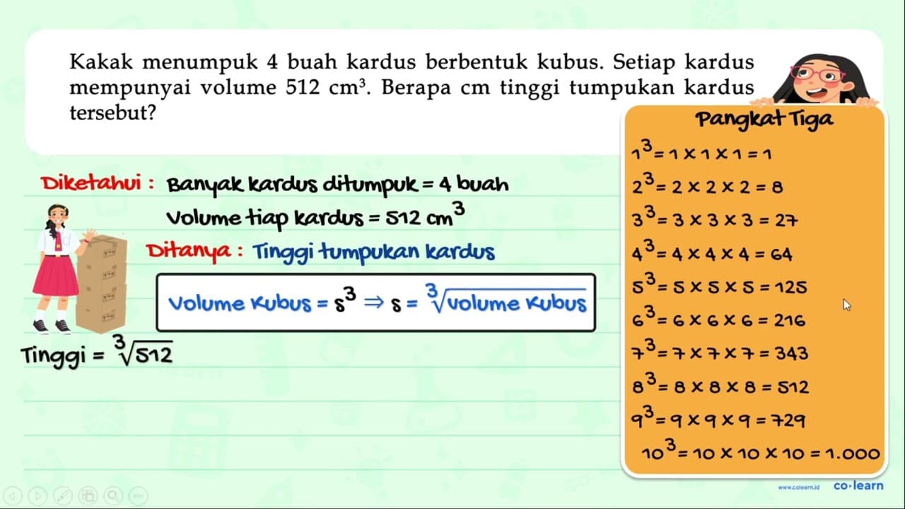 Kakak menumpuk 4 buah kardus berbentuk kubus. Setiap kardus