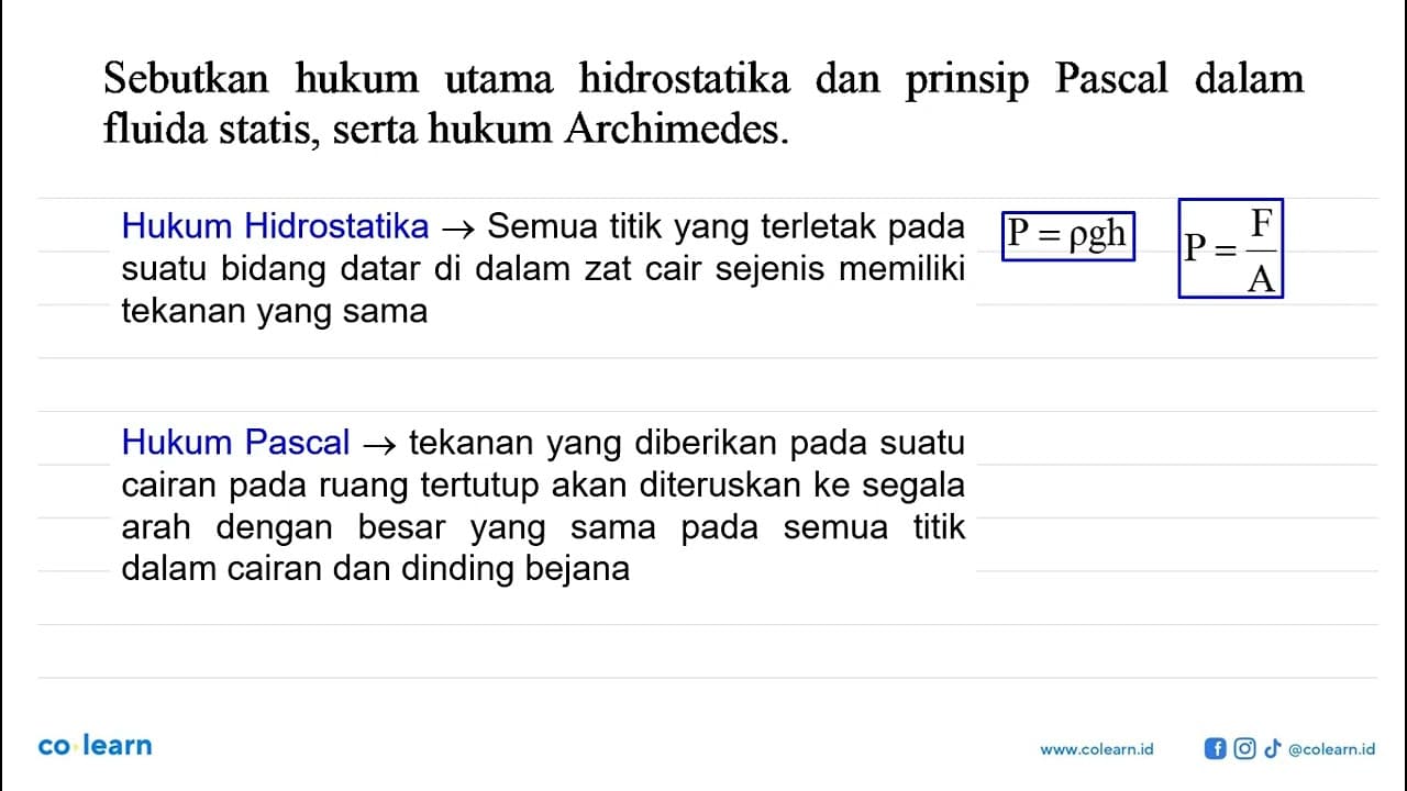 Sebutkan hukum utama hidrostatiska dan prinsip Pascal dalam