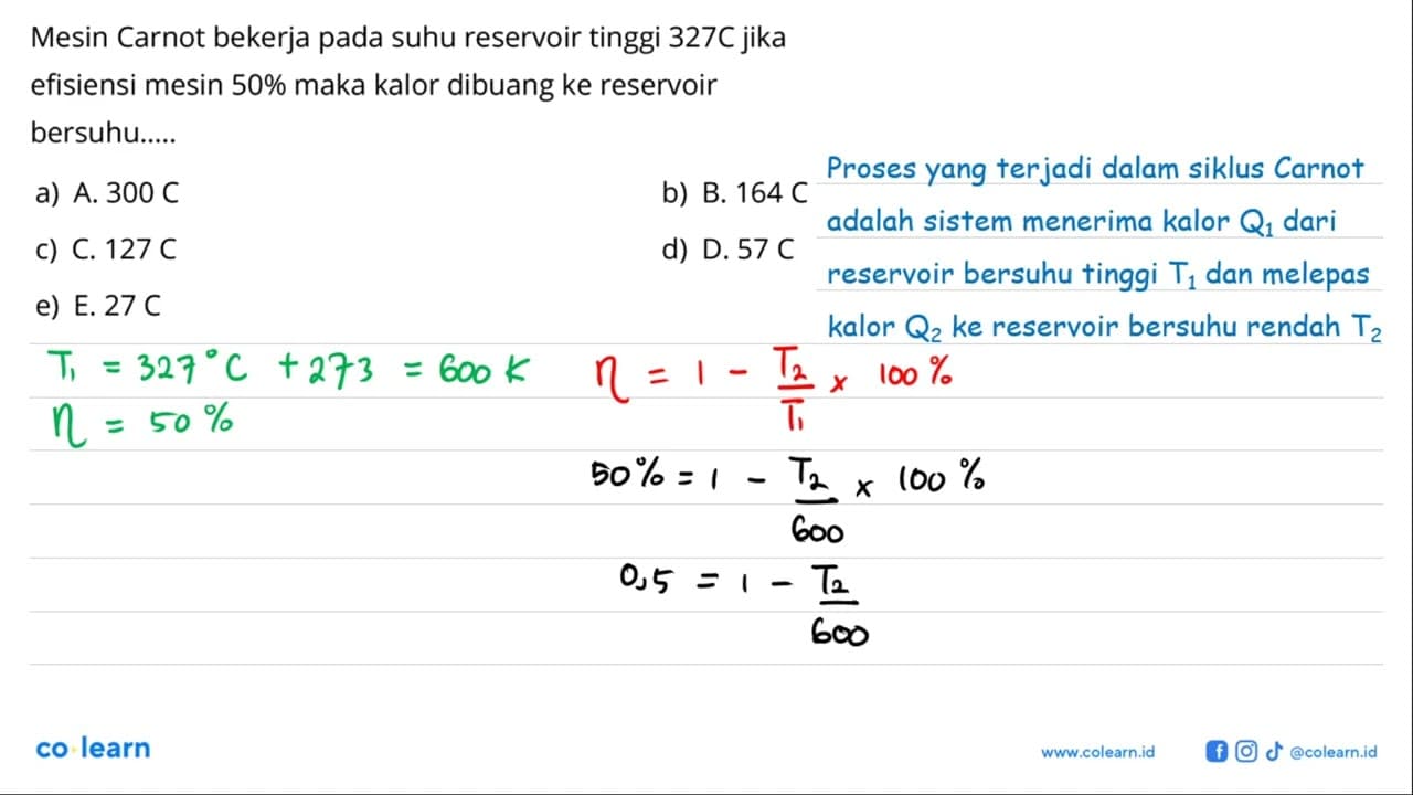 Mesin Carnot bekerja pada suhu reservoir tinggi 327C jika