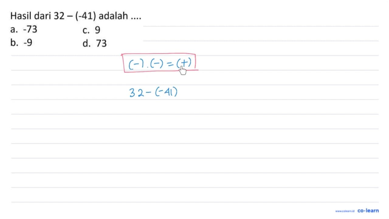 Hasil dari 32-(-41) adalah ....