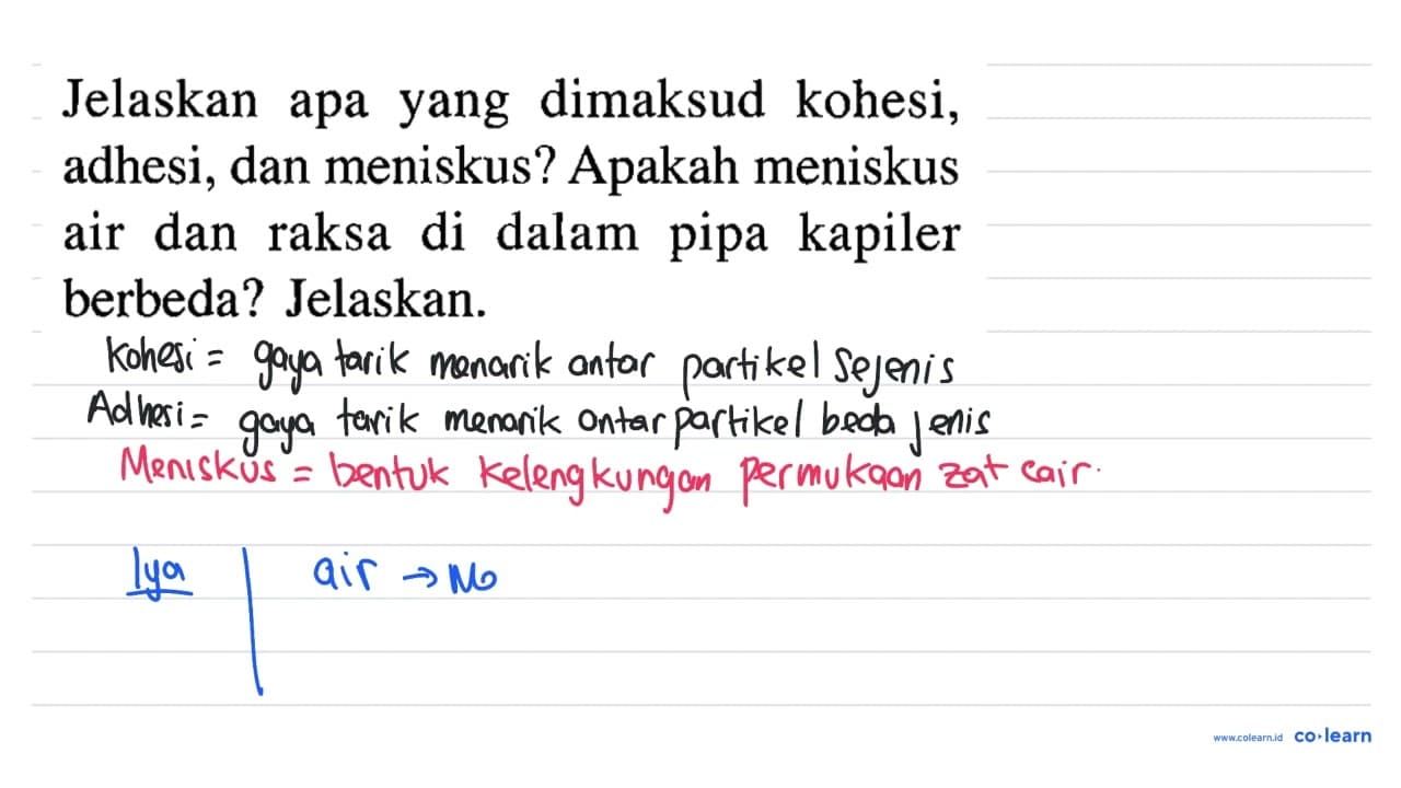 Jelaskan apa yang dimaksud kohesi, adhesi, dan meniskus?