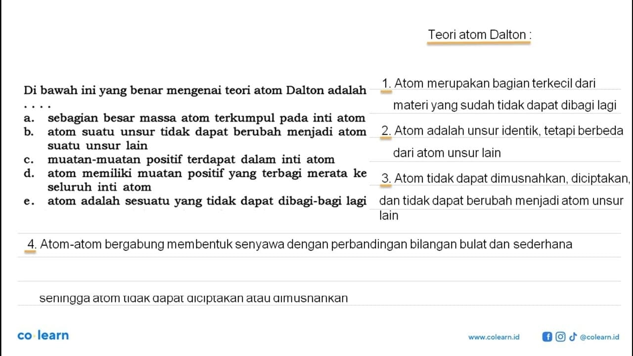 Di bawah ini yang benar mengenai teori atom Dalton