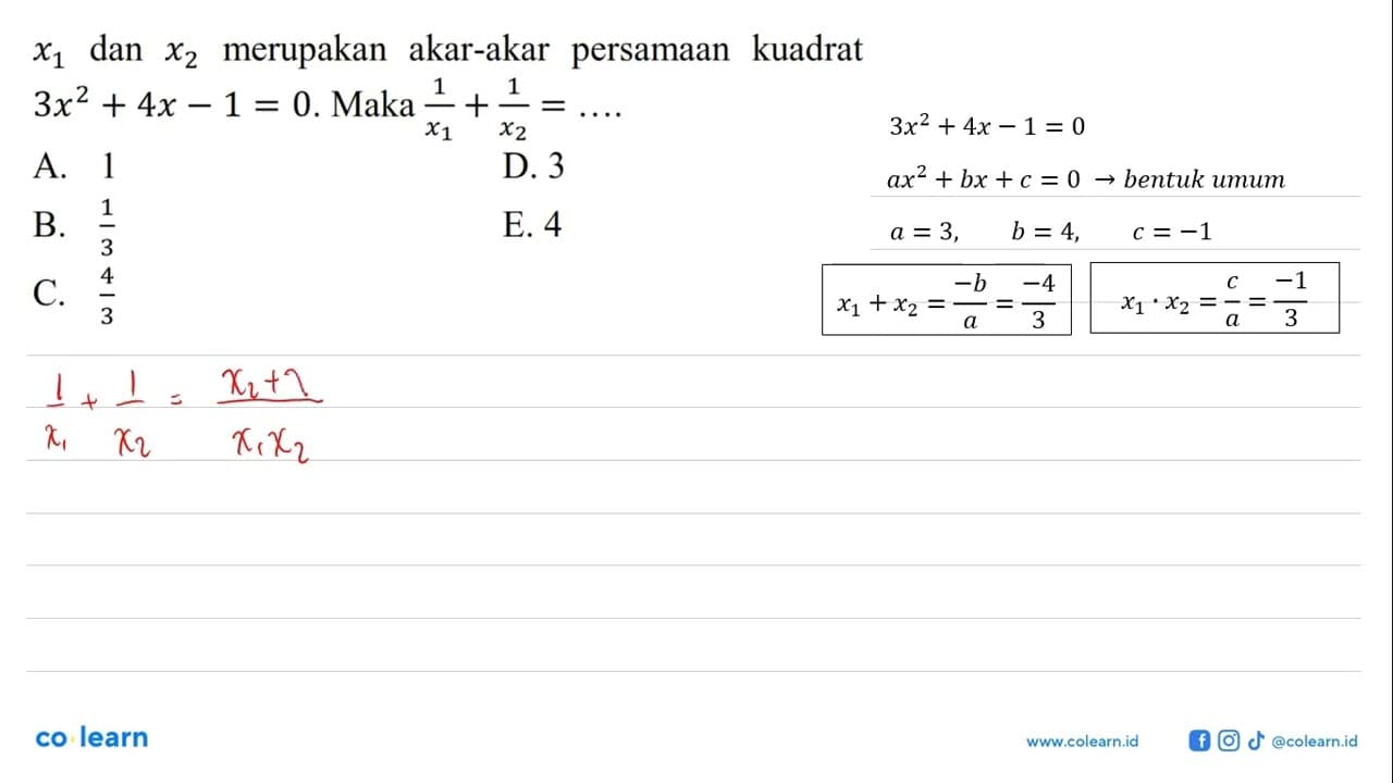 x1 dan x2 merupakan akar-akar persamaan kuadrat 3x^2 + 4x -