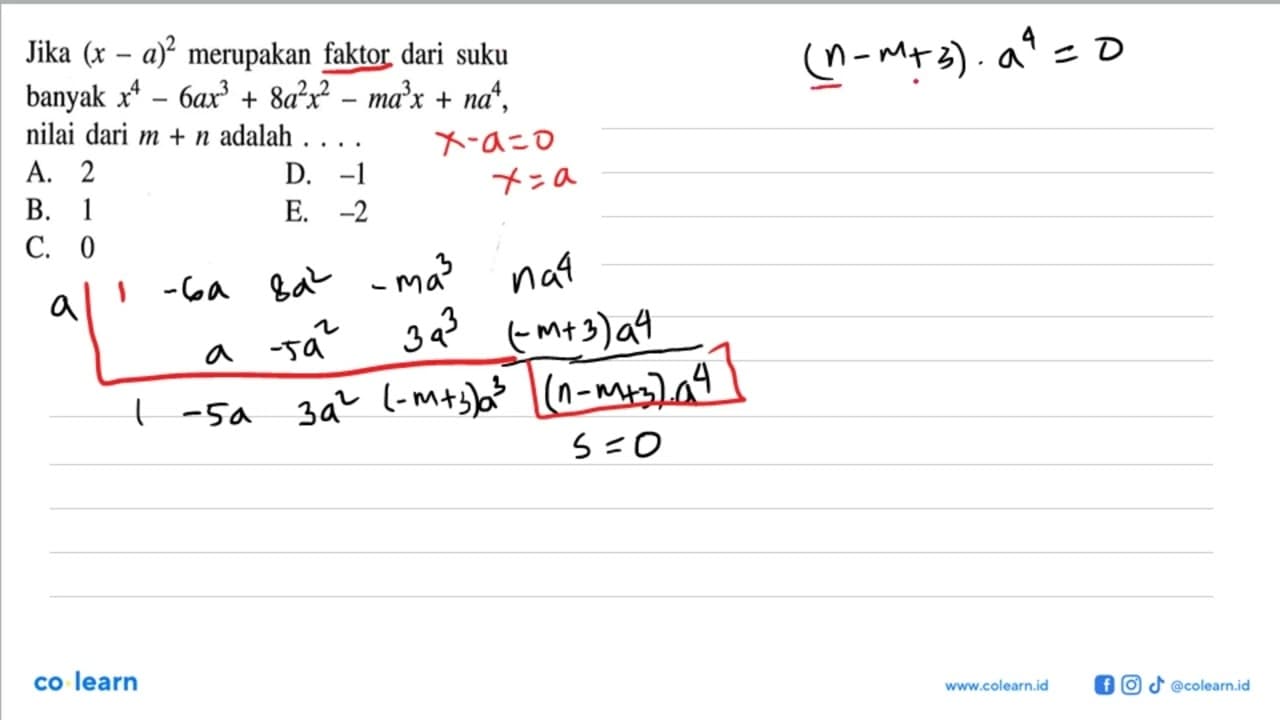 Jika (x-a)^2 merupakan faktor dari suku banyak