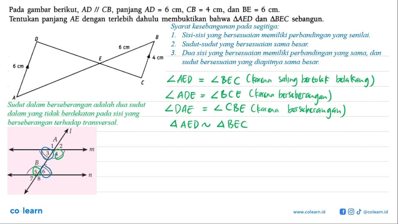 Pada gambar berikut, AD//CB, panjang AD=6 cm, CB=4 cm, dan