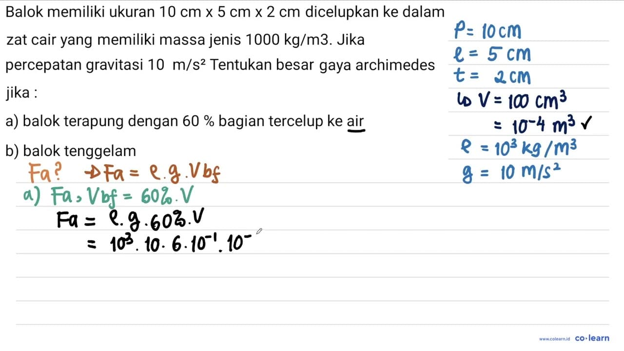 Balok memiliki ukuran 10 cm x 5 cm x 2 cm dicelupkan ke