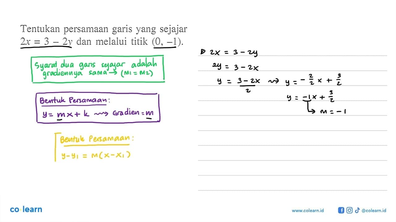 Tentukan persamaan garis yang sejajar 2x=3-2y dan melalui