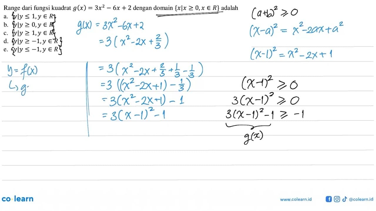 Range dari fungsi kuadrat g(x)=3x^2-6x+2 dengan domain