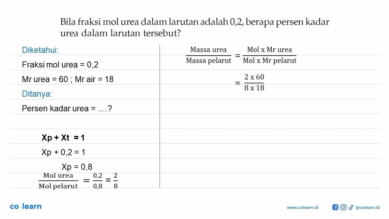 Bila fraksi mol urea dalam larutan adalah 0,2, berapa