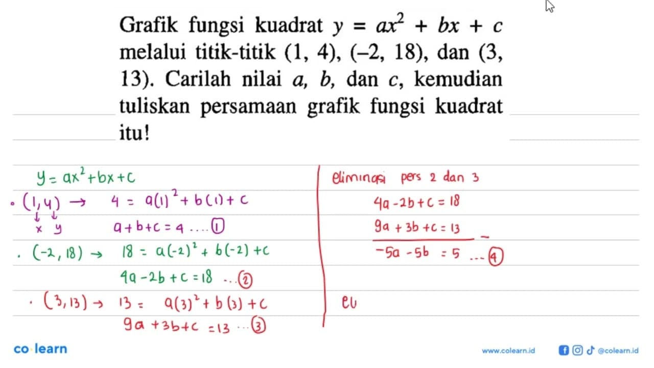 Grafik fungsi kuadrat y=ax^2+bx+c melalui titik-titik (1,