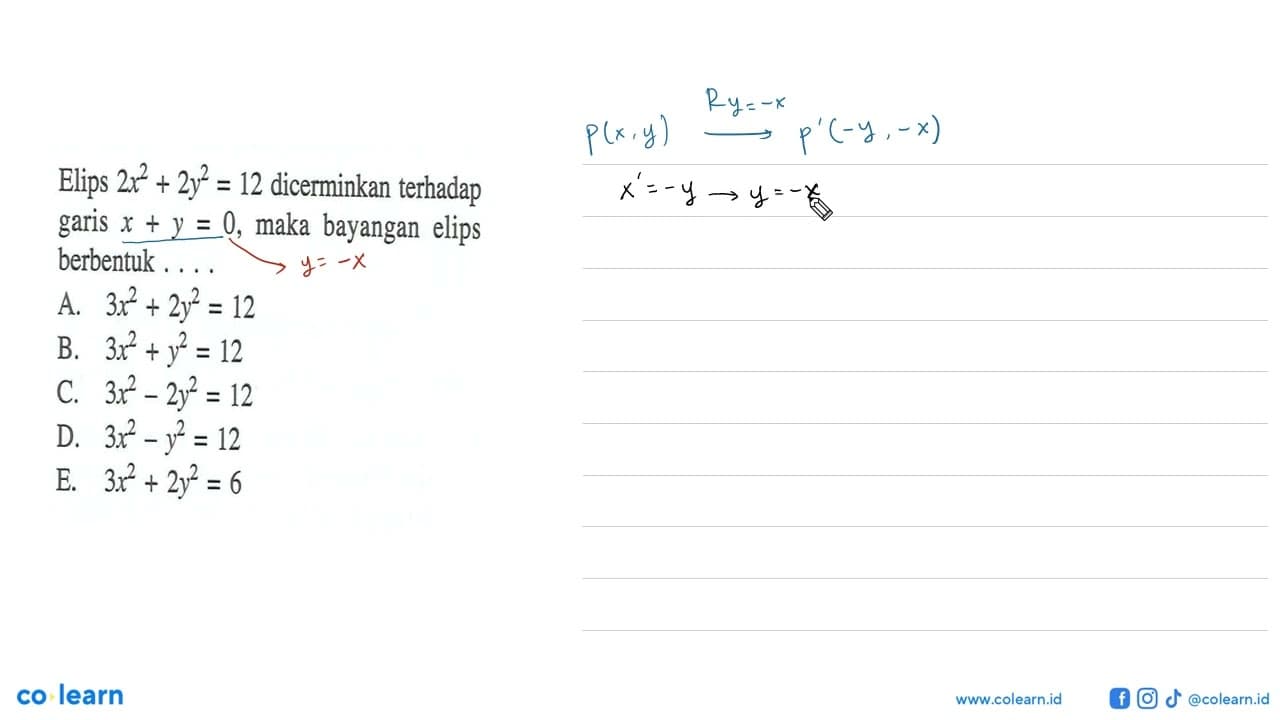 Elips 2x^2+2y^2=12 dicerminkan terhadap garis x+y=0, maka