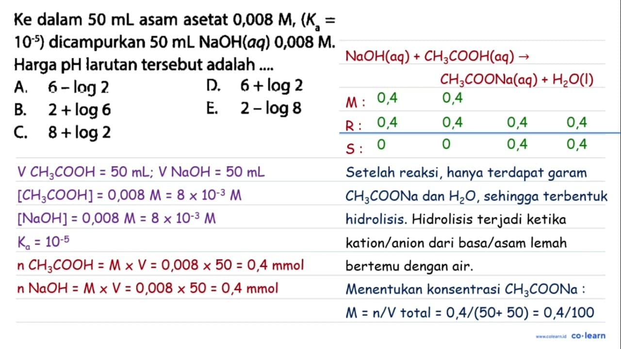 Ke dalam 50 mL asam asetat 0,008 M,(Ka=. 10^(-5) )