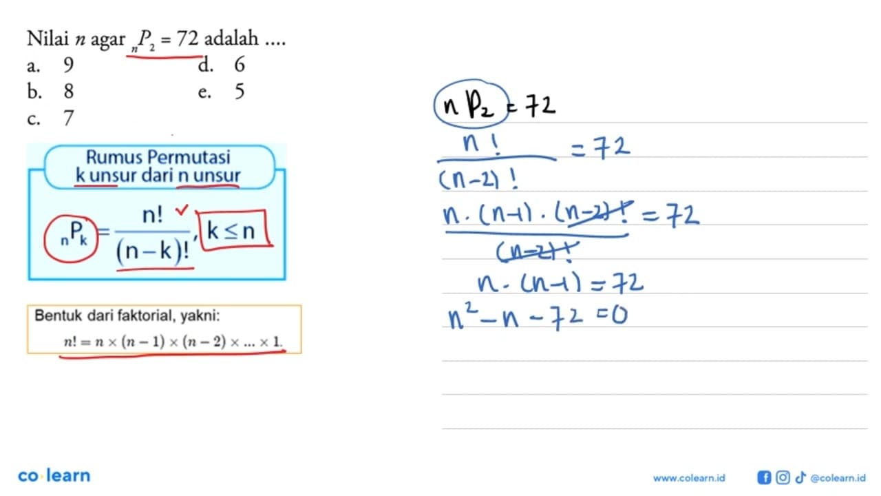 Nilai n agar nP2=72 adalah....