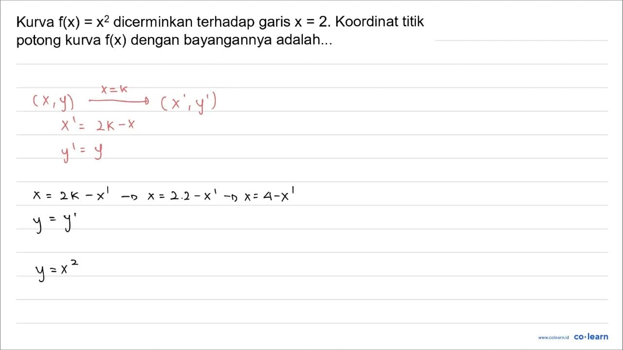 Kurva f(x)=x^(2) dicerminkan terhadap garis x=2 . Koordinat