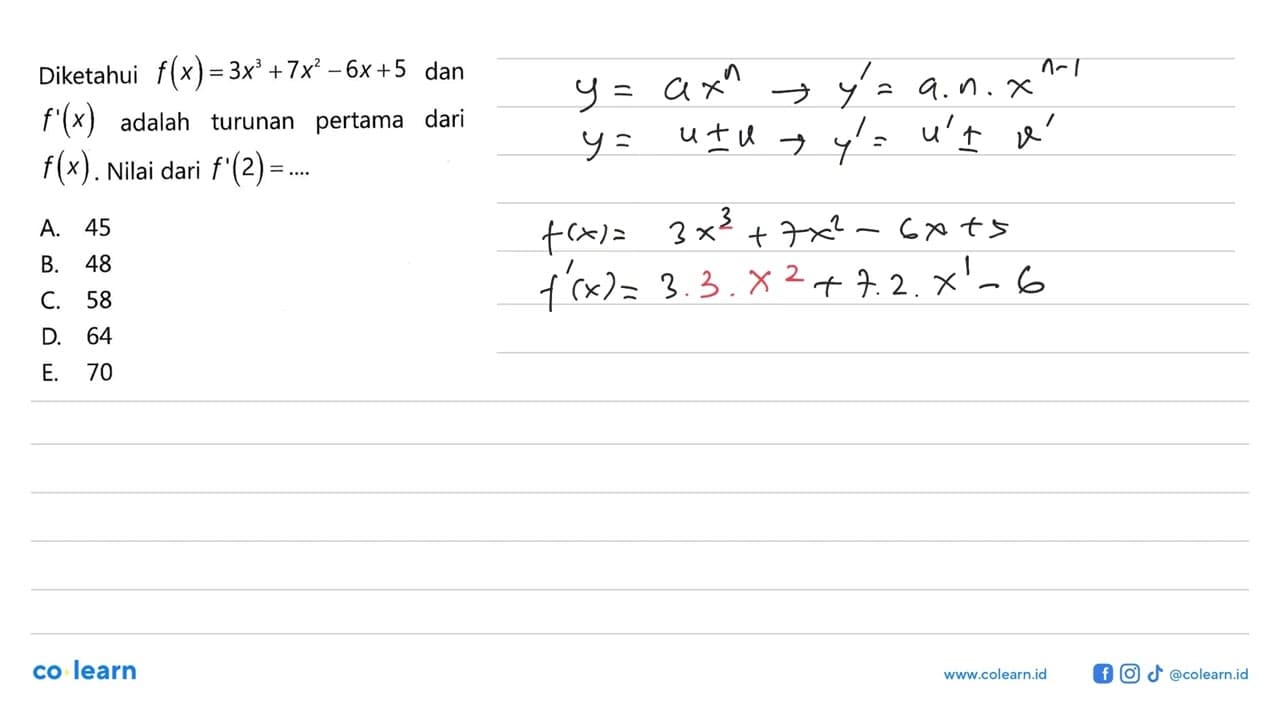 Diketahui f(x)=3x^3+7x^2-6x+5 dan f'(x) adalah turunan