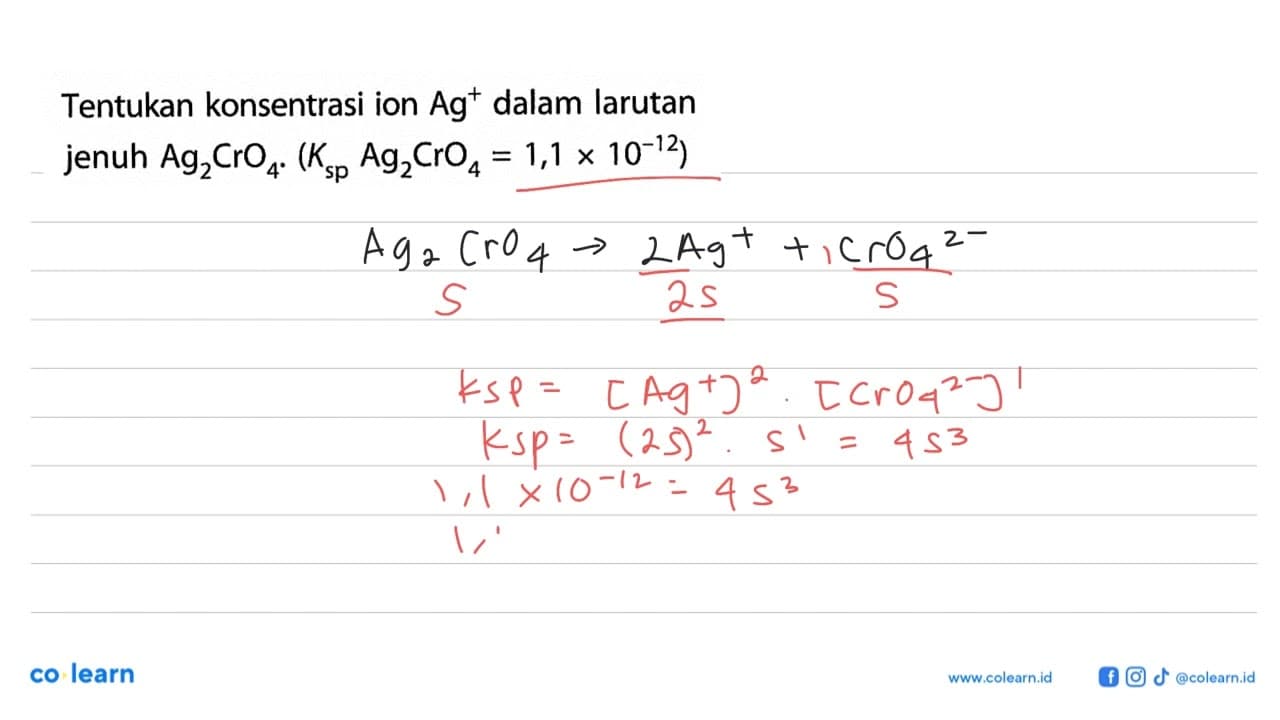 Tentukan konsentrasi ion Ag^+ dalam larutan jenuh Ag2CrO4.