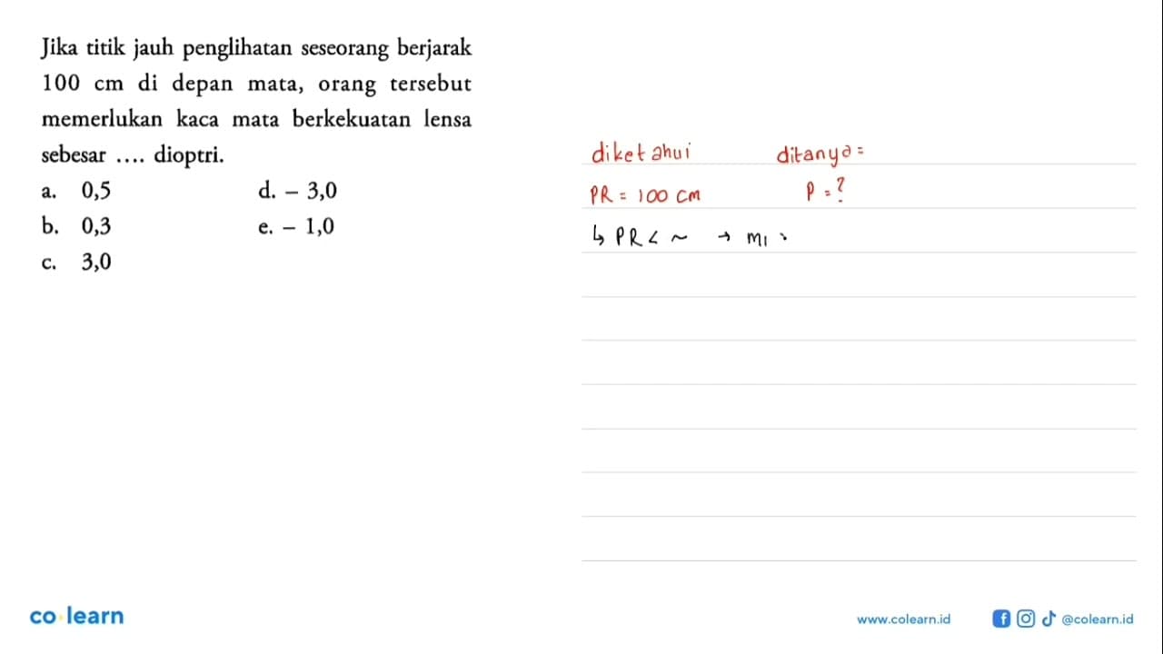 Jika titik jauh penglihatan seseorang berjarak 100 cm di