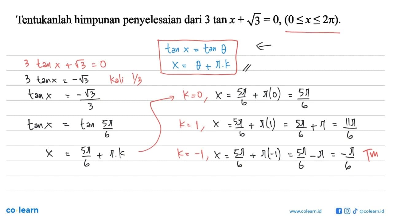 Tentukanlah himpunan penyelesaian dari 3 tan x+akar(3)=0,