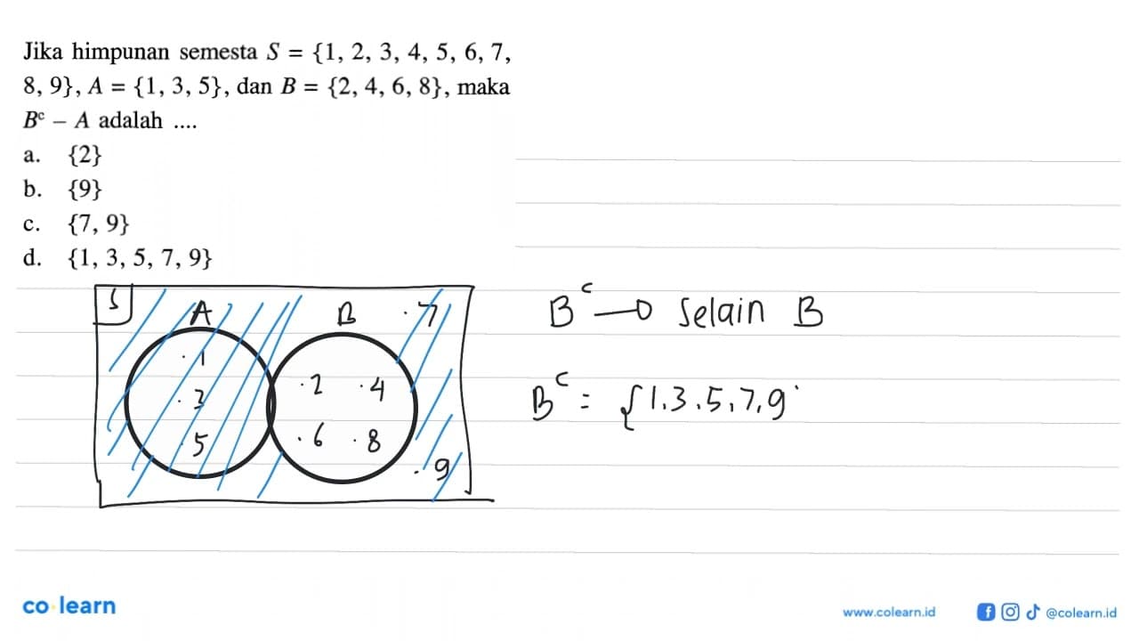 Jika himpunan semesta S = {1, 2, 3, 4, 5, 6, 7, 8, 9}, A =