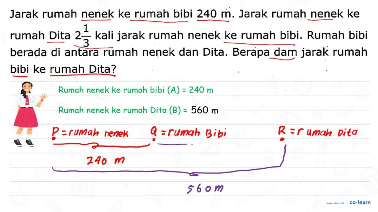 Jarak rumah nenek ke rumah bibi 240 m . Jarak rumah nenek