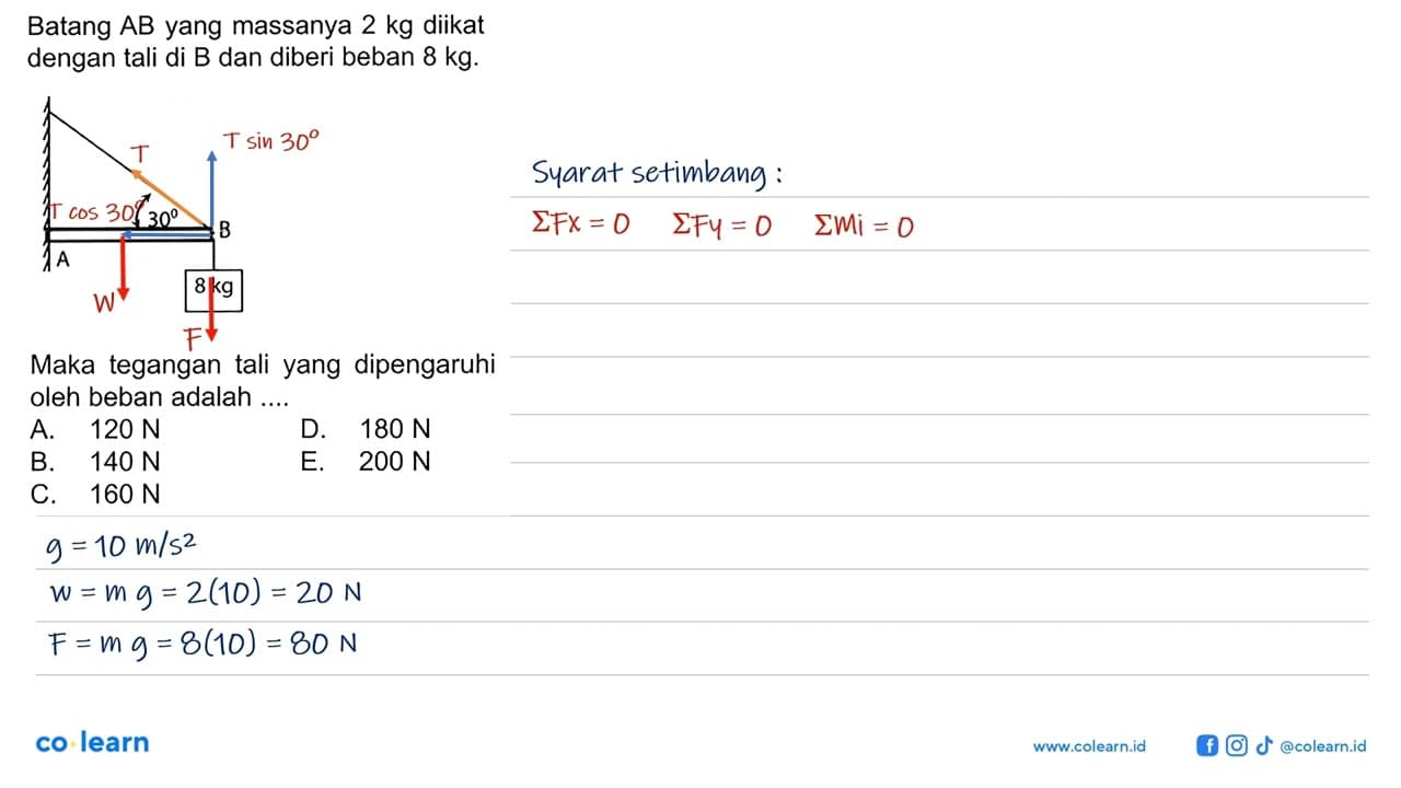 Batang AB yang massanya 2 kg diikat dengan tali di B dan