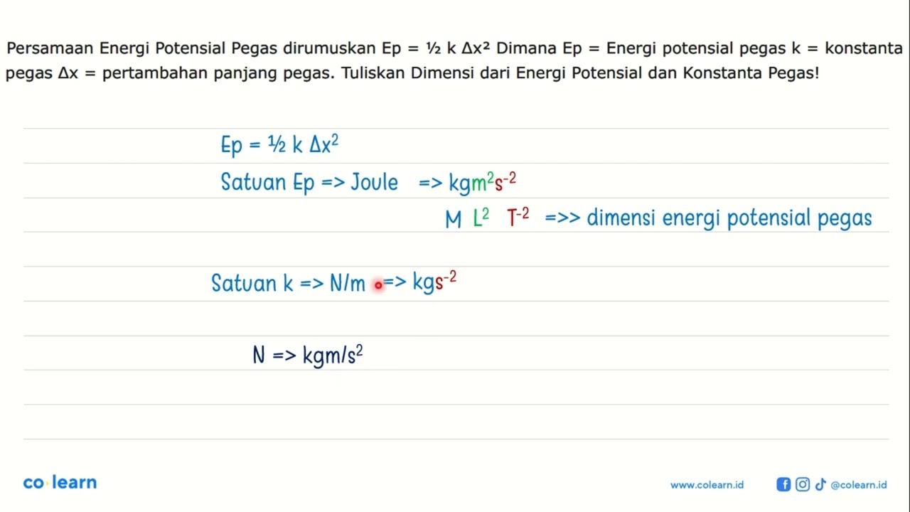 Persamaan Energi Potensial Pegas dirumuskan Ep = 1/2 k